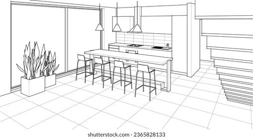 house interior sketch 3d rendering