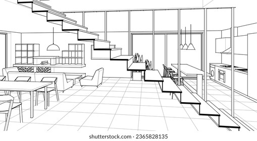 house interior sketch 3d rendering