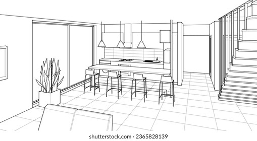 representación 3d del esbozo interior de la casa