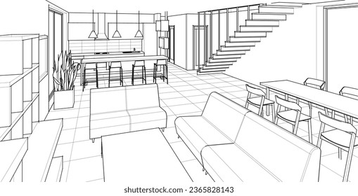 house interior sketch 3d rendering