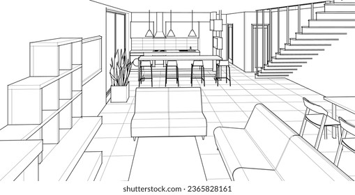 house interior sketch 3d rendering