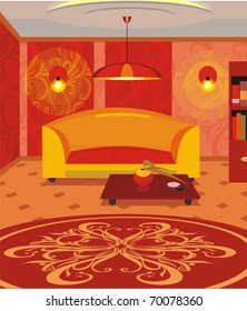 House interior with a sofa in red tones
