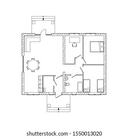 House interior suburban house. Black and White floor plan of a modern apartment. Vector blueprint. Architectural modern background.