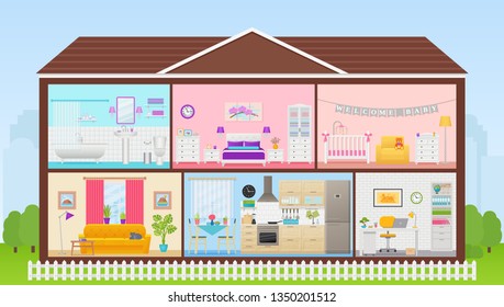 House Interior. Vector. Cartoon House Cross Section. Home Inside, In Cut. Rooms Bedroom, Living Room, Kitchen, Office, Bathroom, Nursery. Cutaway Building With Roof. Illustration In Flat Design.