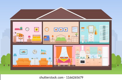 House interior. Vector. House in cut. Cross section with rooms bedroom, living room, kitchen, dining, bathroom, nursery. Home inside with roof, tree, sky. Cartoon cutaway illustration in flat design 