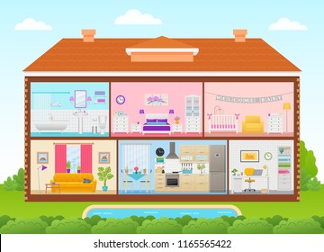 House Interior. Vector. Home Cross Section With Rooms Bedroom, Living Room, Kitchen, Office, Bathroom, Nursery. House Inside In Cut With Roof, Pool, Tree, Sky. Cartoon Cutaway Illustration Flat Design