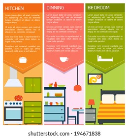 House interiors banners with kitchen dining bedroom isolated vector illustration