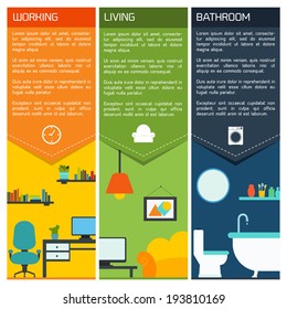 House interiors banners with working living room bathroom isolated vector illustration