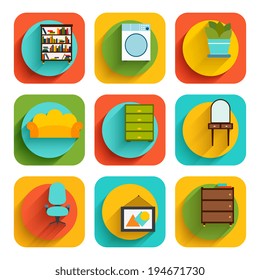 House interiors flat icon set of book shelf washing machine flower pot isolated vector illustration
