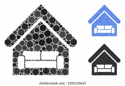 House interrior composition of circle elements in variable sizes and color tinges, based on house interrior icon. Vector circle elements are combined into blue collage.