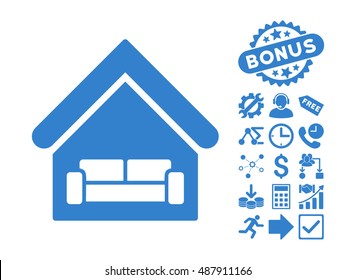 House Interrior pictograph with bonus icon set. Vector illustration style is flat iconic symbols, cobalt color, white background.
