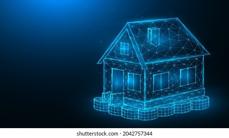 House investment concept. Polygonal vector illustration of a house that stands on a stack of coins on a dark blue background. Buying or selling home banner or template.