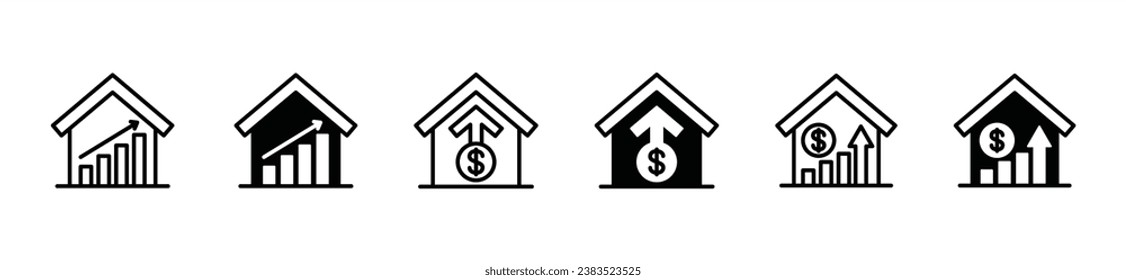 House investment growth line icon set. Growing house price icons. Rising housing costs symbol. Property value on white background. Vector illustration