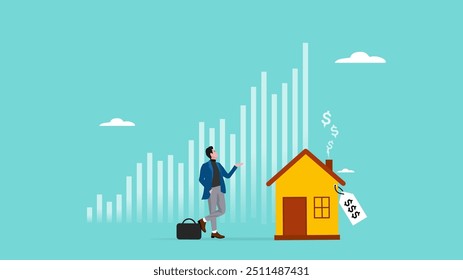 gráfico de cálculo do investimento imobiliário, crescimento do preço imobiliário ou hipoteca, decisão de compra ou aluguer de habitação, subida do preço da habitação, especialização inteligente em propriedade de empresário apresentando gráfico de preços de habitação