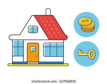 House isolated, coins stack, key icons. Real estate mortgage investment or loans, purchase and sale vector illustration.