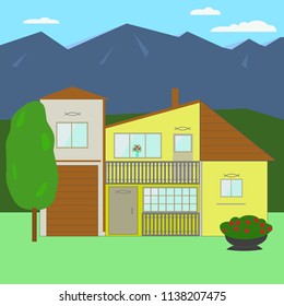 The house is isolated on a background of mountains with flower beds and trees. Vector illustration