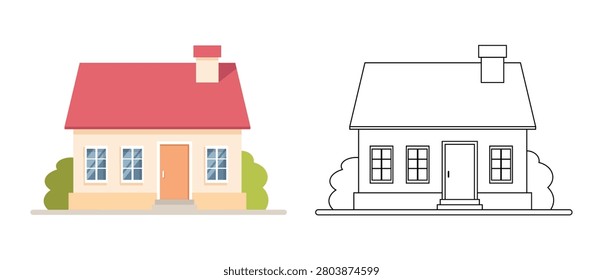 House isolated on white background. Colorful black and white cartoon house for coloring book. Coloring book for children. Vector stock