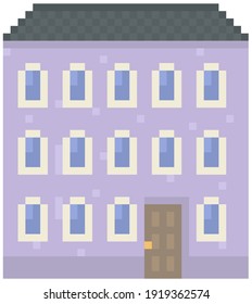 Haus einzeln auf Weiß. Pixel Wohnungsbau mit vielen Fenstern für Pixelspiel-Design. Panorama-Architektur. 8-Bit. Layout der mobilen App, Computerspiel. Altbau-Cartoon-Gebäude