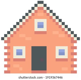 House isolated on white. Pixelated apartment building with many windows for pixel game design. Panorama architecture. 8-bit. Layout of mobile app, computer game. Old architectural cartoon building