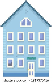 House isolated on white. Pixelated apartment building with many windows for pixel game design. Panorama architecture. 8-bit. Layout of mobile app, computer game. Old architectural cartoon building