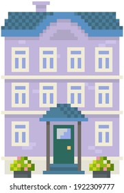House isolated on white. Pixelated apartment building with many windows for pixel game design. Panorama architecture. 8-bit. Layout of mobile app, computer game. Old architectural cartoon building