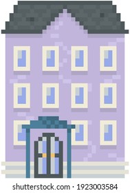 Haus einzeln auf Weiß. Pixel Wohnungsbau mit vielen Fenstern für Pixelspiel-Design. Panorama-Architektur. 8-Bit. Layout der mobilen App, Computerspiel. Altbau-Cartoon-Gebäude