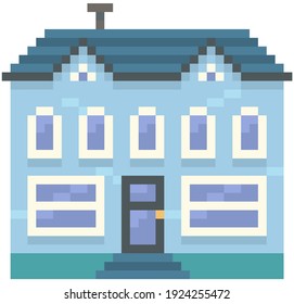 House isolated on white. Pixelated apartment building with many windows for pixel game design. Panorama architecture. 8-bit. Layout of mobile app, computer game. Old architectural cartoon building