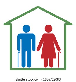 Isolation älterer Menschen im Haus ist eine Ikone. Symbol Senior Mann und Frau Paar sind selbstisoliert. Separate private Wohnung. Schutz gegen die Morbus Coronavirus. Vektorillustration