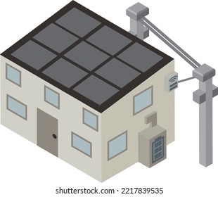 House with isometric home storage battery, solar panel and smart meter, with electric pole and electric wire