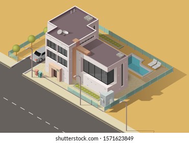 House Isometric Icon With 3d Building, Garden And Exterior, Real Estate Vector Design. City Or Village Home With Road, Car And Flat Roof, Pool, Trees And Grass Lawn On Backyard, Entrance Door, Windows