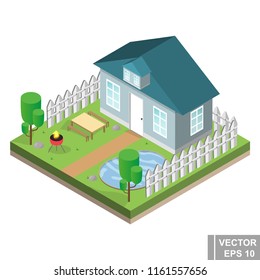 The house is isometric. View from above. Icon. Isolated. For your design.