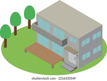 House with isometric wooden deck