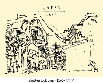 A house in Jaffa (Yafo), Tel Aviv, Israel. Grungy black ink brush outline drawing with lighthouse, houses and trees. Travel sketch. Touristic poster, postcard template or book illustration in vector