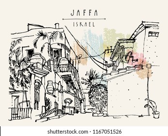 A house in Jaffa (Yafo), Tel Aviv, Israel. Grungy black ink brush outline drawing with lighthouse, houses and trees. Travel sketch. Touristic poster, postcard template or book illustration in vector