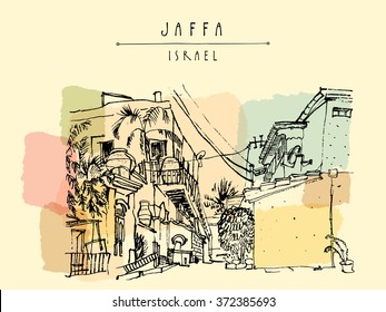 A house in Jaffa (Yafo), Tel Aviv, Israel. Grungy black ink brush outline drawing with lighthouse, houses and trees. Travel sketch. Touristic poster, postcard template or book illustration in vector