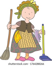 A House Keeper . A Cleaner Holds A Broom While She Is Happy. A Working Woman Cleaning