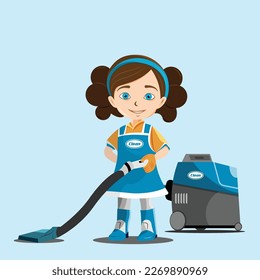 House Keeping Girl Using Vacuum Cleaner Vector Illustration