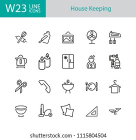 House keeping icons. Set of twenty line icons. Utensils, domestic appliance, housecleaning. Housekeeping concept. Vector illustration can be used for topics like household, cooking, kitchen.