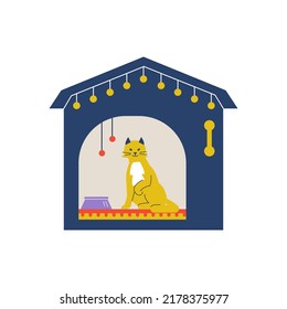 House or kennel with cute funny cat, flat cartoon vector illustration isolated on white background. Cat sitting in hut for animal shelter or pets hotel.