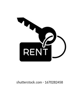 House key black glyph icon. Rent service. Real estate matters. Apartment, property rental . Renting deal. Business. Leasing agreement. Silhouette symbol on white space. Vector isolated illustration