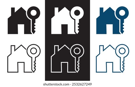 House key black icon for web real estate template. Vector illustration isolated on white and black background. EPS 10