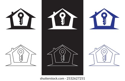Ícone preto da chave da casa para o modelo imobiliário da Web. Ilustração vetorial isolada no plano de fundo branco e preto. EPS 10