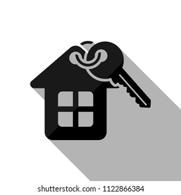 House with key. Black object with long shadow on white background
