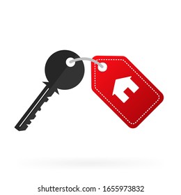 Llave de casa con el dorado aislado sobre un fondo blanco. Bienes de alquiler. Plantilla de propiedad de venta. Diseño plano de ilustración de vector.