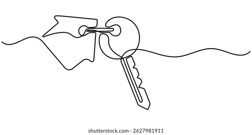 house with a key continuous one line drawing, Key with house continuous one line art drawing. Private security symbol. Real estate concept. Vector illustration isolated on white.