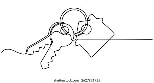 casa com uma chave contínua um desenho de linha, chave com casa contínua um desenho de arte de linha. Símbolo de segurança particular. Conceito imobiliário. Ilustração vetorial isolada em branco.