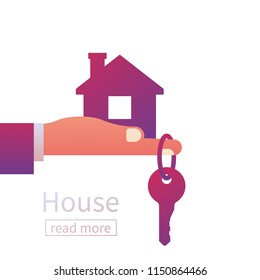 House key in hand icon. Real estate agent holds the key from home. Concept of selling, renting template. Vector illustration flat design. Giving keys.