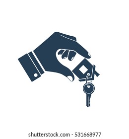 House key in hand icon. Real estate agent holds the key from home. Concept of selling, renting template.  Vector illustration flat design. Silhouette, pictogram.