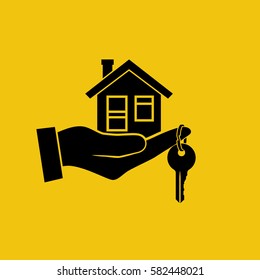 House key in hand icon. Real estate agent holds the key from home. Concept of selling, renting template. Vector illustration flat design. Silhouette, pictogram. Giving keys.