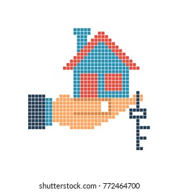 House key in hand pixel. Cartoon flat style design. Vector illustration. Silhouette, pictogram.